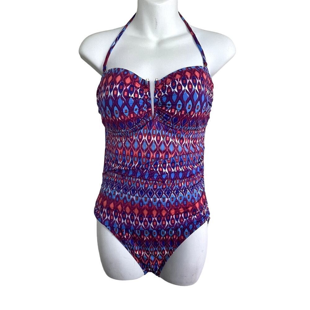 La Blanca Swimsuit One Piece Ruched Tummy Control Size 10 Geometric Print
